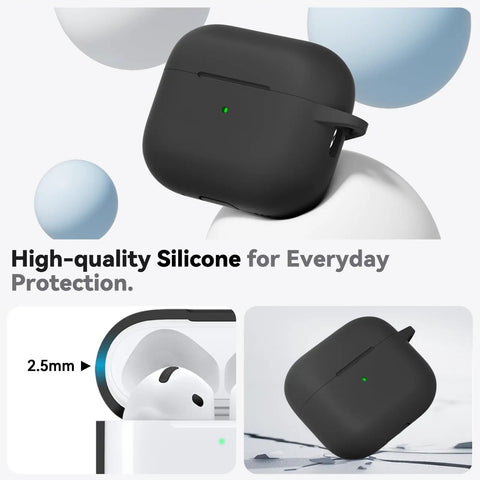 Crystal Clear Slim Protective Case For AirPods 4 And 5 Usb-C Versions 2024 Plus 2026 showing solid black silicone shell with status light.