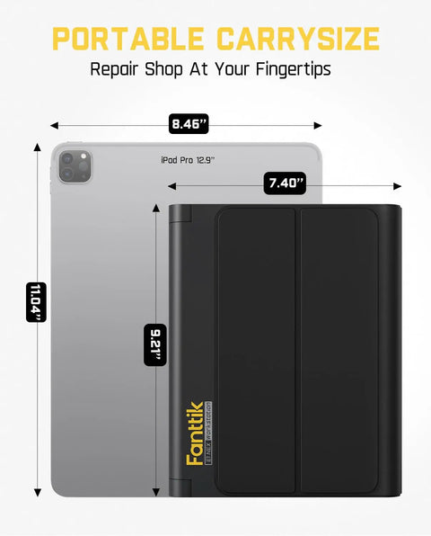 Electric Screwdriver Kit With 64 Magnetic Bits And 12 Precision Tools, black case next to tablet for size comparison