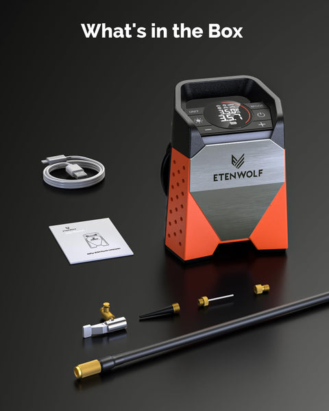 Zephyr S3 Cordless Tire Inflator Portable Air Compressor with accessories, vivid orange, for cars, SUVs, bikes, and balls.