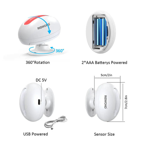 Dope Wireless Motion Sensor Door Chime With 35 Tones And Five Volume Levels, USB or battery powered, 360-degree rotation, sensor size details