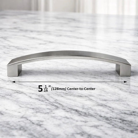 Curved Arch Cabinet Pulls Zinc Handle Bar 5.5 Inch Length With 5 Inch Center To Center Mounting Brushed Nickel Finish on marble surface