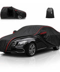 Heavy Duty Waterproof Car Cover For Tesla Cybertruck With Uv Protection Scratch Resistant, snug fit shown in black with red trim.