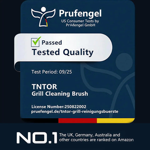 Packaging of 18 Inch Adjustable Grill Brush, tested quality by Prufengel, labeled TNTOR Grill Cleaning Brush, ranked No.1 on Amazon