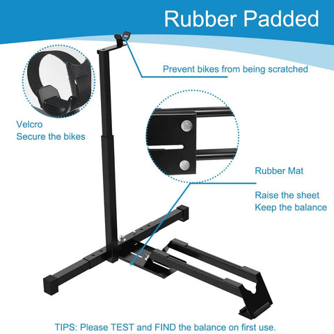 Vertical Bike Stand Floor Bicycle Rack With Adjustable Upright Design showcasing rubber padding and Velcro strap for bike security.