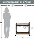 Size comparison with a person next to the Prime Rolling Industrial Bar Cart With Heavy Duty Dual Tier Shelves And Rustic Wood Metal Build.
