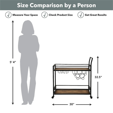 Size comparison with a person next to the Prime Rolling Industrial Bar Cart With Heavy Duty Dual Tier Shelves And Rustic Wood Metal Build.