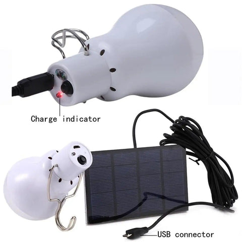 Solar Powered Lamp With Remote Control, Portable LED Bulb Lights with USB connector and solar panel, side view