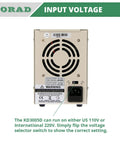 Back view of Precision Variable DC Power Supply 30V 5A With Dual Four Digit LED Displays, showing 110/220V switchable input and fan.
