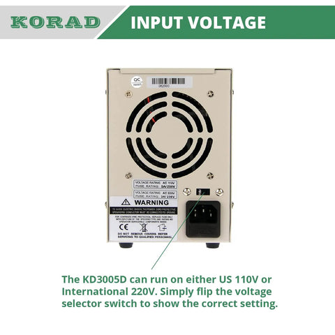 Back view of Precision Variable DC Power Supply 30V 5A With Dual Four Digit LED Displays, showing 110/220V switchable input and fan.