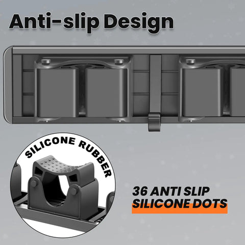 Broom Holder Wall Mount With Four Racks And Three Hooks Adjustable Mop Organizer showing anti-slip silicone dots in grey.