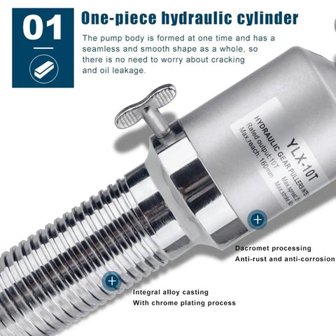Close-up of beefy 30 ton hydraulic gear puller kit's one-piece hydraulic cylinder with chrome plating in tough case.