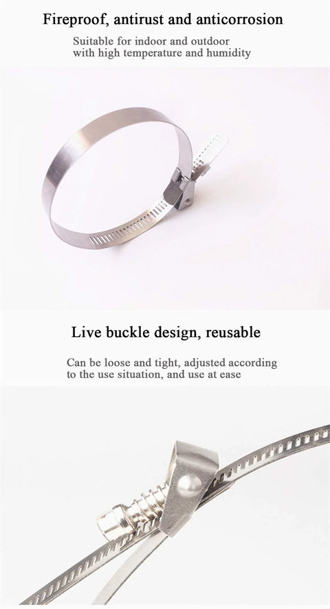Stainless steel hose clamp with quick-release live buckle, 0.5x24 inch, 25-piece set.