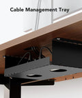 Cable management tray under electric standing desk frame with dual motors, steel T shaped legs, supports 265 lb load
