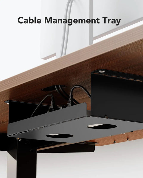Cable management tray under electric standing desk frame with dual motors, steel T shaped legs, supports 265 lb load