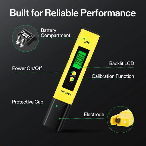 Digital pH Meter Pen Type 0.01 pH High Accuracy Tester For Hydroponics Home Drinking Water Pools And Aquariums with labels