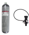 Carbon Fiber Paintball Tank 3L 183ci with dual gauge valve and hose, 4500 PSI lightweight PCP airgun charging system visible.