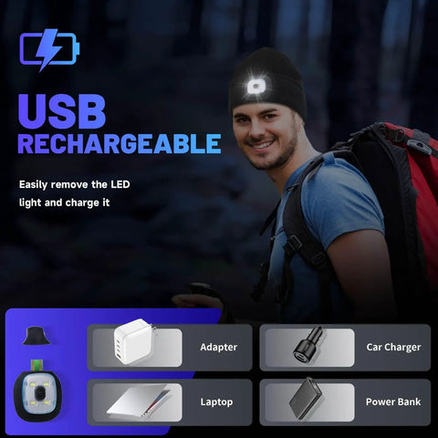 Man wearing black rechargeable LED beanie with built-in light, backpacking, USB rechargeable options shown, outdoor setting.