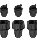 Six Pack Irrigation Fittings Set PVC Female Hose Thread Non Swivel Adapters To Five Sixteenth Inch Tubing With Barbed End Plugs black PVC plugs and adapters