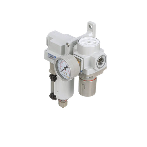 Three Quarter Inch NPT Compressed Air Filter Regulator Combo With Metal Bowl Manual Drain Gauge Bracket 10 Micron Element 180 SCFM