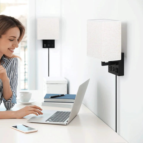 Bedside Wall Lamp Set Of 2 Plug In Sconce Lights With USB Charging Ports And AC Outlet Brushed Nickel Modern Wall Sconces in room