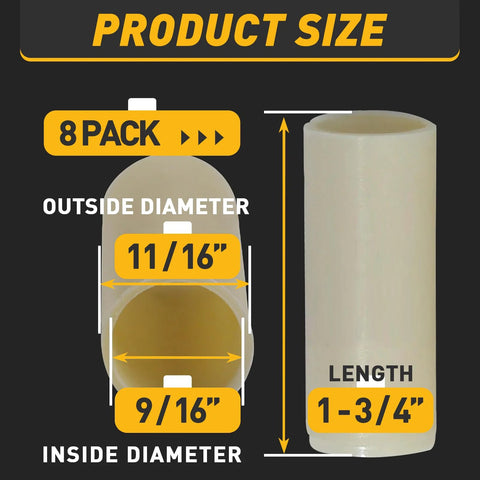 Front view of 8-pack nylon trailer leaf spring bushings, 9/16 in I.D. x 1-3/4 in L, universal fit