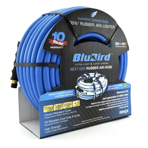 Heavy Duty 3/8 Inch Rubber Air Hose 300 Feet Long 300 PSI Ultra Flexible Pneumatic Tubing with solid brass fittings, packaged for use.