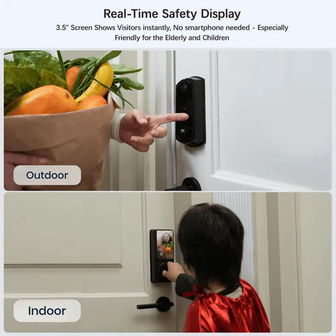 Video Smart Lock All In One Fingerprint Door Lock With Wide Angle Camera And Two Way Video Doorbell Wifi Deadbolt showing outdoor and indoor usage.