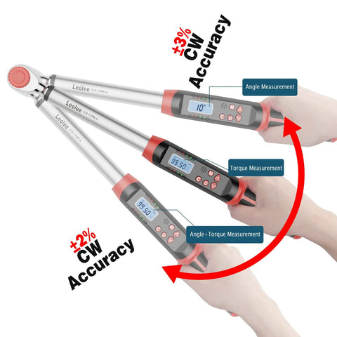 Digital Torque Wrench 3/8 Inch Drive With Angle, Preset Value And LED Alerts, 5 To 99.5 Ft-Lb, three modes display