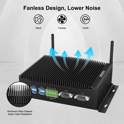 Rock Solid Fanless Mini PC With Beefy I7 Processor, 64GB Ram, Dual Drives, Triple Display Hookup, Windows 11 Pro, Plug And Play Industrial Unit Built To Crush High Load Tasks Daily Without Breaking A Sweat, showing aluminum alloy chassis.