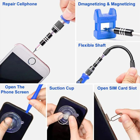 115 In 1 Precision Screwdriver Set Magnetic Repair Kit For MacBook Phone PC Watch Game Console And Electronics Ideal DIY Gift For Tech Nerds Mega Handy Chrome Vanadium Bits For Ultra Quick Fixes showing phone repair tools in use