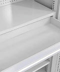 Inner view of Real Deal High Grade Steel Tool Cabinet With Safety Lock, Lockable Storage Chest showing spacious white shelf.