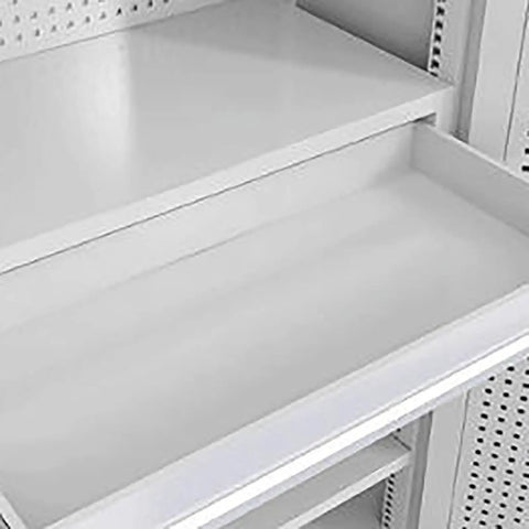 Inner view of Real Deal High Grade Steel Tool Cabinet With Safety Lock, Lockable Storage Chest showing spacious white shelf.