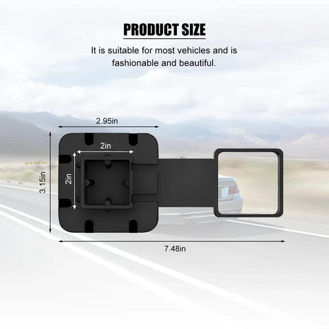 Diagram showing 2 Inch Trailer Hitch Cover With American Flag Design, Dust Proof Receiver Plug Cap, dimensions and universal fit.