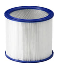 Heavy Duty HEPA Filter For Commercial Dust Collectors That Kicks Fine Sawdust Right Out Of Your Shop Workbench, cylindrical shape with blue rim.