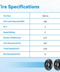 Tire specifications chart for 19x7-8 Tubeless Mini Bike Tire Replacement showing size, load capacity, and tread depth with tire images.