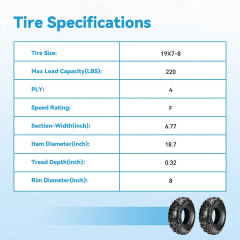 Tire specifications chart for 19x7-8 Tubeless Mini Bike Tire Replacement showing size, load capacity, and tread depth with tire images.