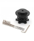 Sick Heavy Duty Six Bolt Quick Release Steering Wheel Hub Adapter Crafted From Cnc Aluminum Ball Lock Boss Kit For Your Race Rig Track Ready Snap Off Steering Swap In Black with bolts and washers.