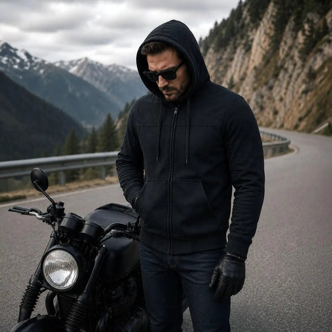 Streetguard Riding Hoodie With Aramid Armor And CE Shoulder Elbow Protection, Heavy-Duty Denim Blend, Black, XXL Size on mountain road