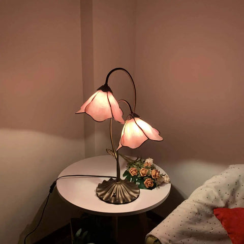 Flower Tiffany Style Stained Glass Table Lamp With 8 Inch Bent Glass Lampshade And Lily Pad Base Two Light Pink Desk Light