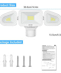 Dimensions and components of Lit 42W LED Outdoor Flood Light With Motion Sensor, includes screws and anchors for installation.
