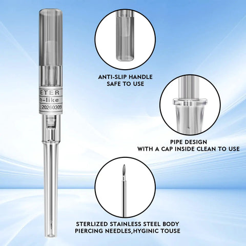 Mixed Gauge Catheter Piercing Needles Kit 10Pcs Set 14G 16G 18G 20G 22G Hollow Cannula for nose and body piercing, 316L stainless steel
