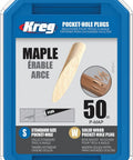 Packaging of Solid Wood Maple Pocket Hole Plugs 50 Count For Concealing Exposed Pocket Holes, showing maple plug and branding.
