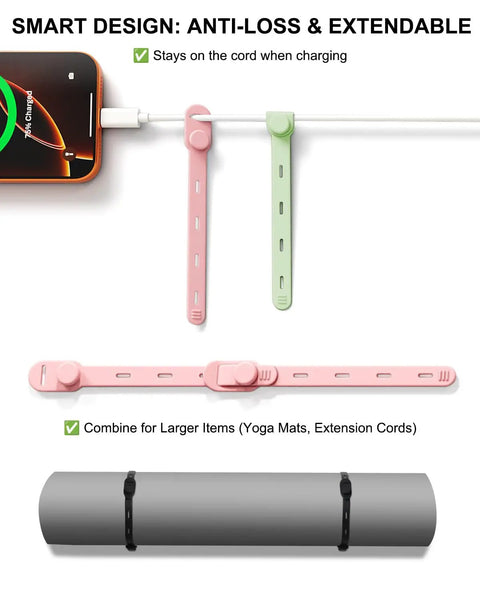 Reusable Silicone Cable Ties For Easy Cable Organization, shown in pink and green, adjustable with secure buckle for USB cables.