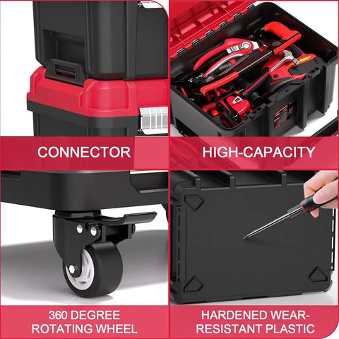 Close-up of Three Tier Stackable Rolling Tool Box With Wheels showing red and black modular boxes, tools, and rotating wheel.