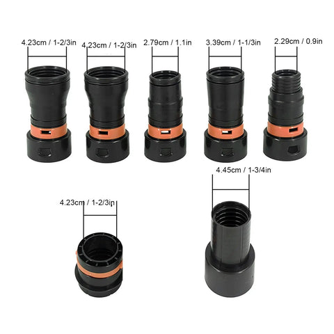 Upgraded 7 Pcs Dust Collection Hose Adapter Kit With Rotating Clamps For Shop Vac System compatible reducers showing sizes and details.