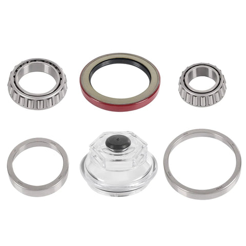 Trailer bearing kit, 6 pieces: two silver bearings, red grease seal, two metal spacers, and clear dust cap