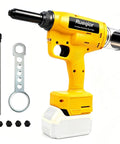 Heavy Duty Cordless Rivet Gun Real Deal Electric Fastener Tool With Brushless Motor and Stopper Set for Auto Body Repair and Metal Fabrication, includes accessories.