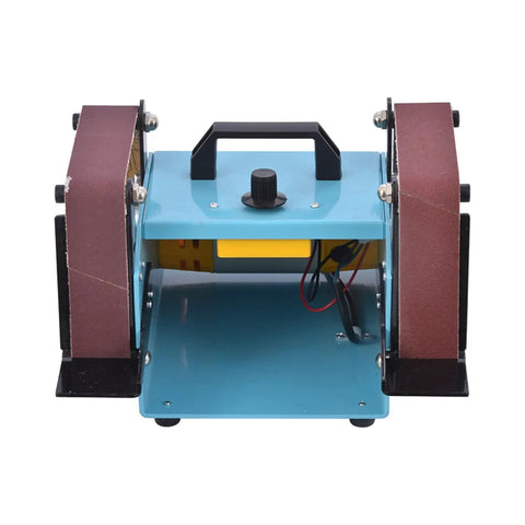 Versatile Desktop Double Axis Belt Sander And Polisher Grinder With Infinitely Variable Speed, front view showing adjustable speed knob.