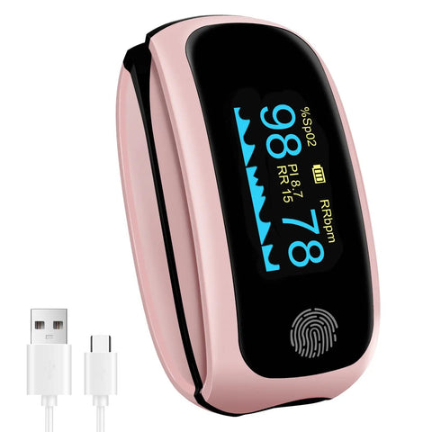 Go To Finger Pulse Oximeter With SpO2 And Pulse Rate Monitoring, respiration rate, PI readouts, portable, pink, USB charging