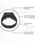 Close-up of Hella Secure Tesla Charger Lock for J1772 Adapter, black heat-resistant design for Model 3 Y S X.